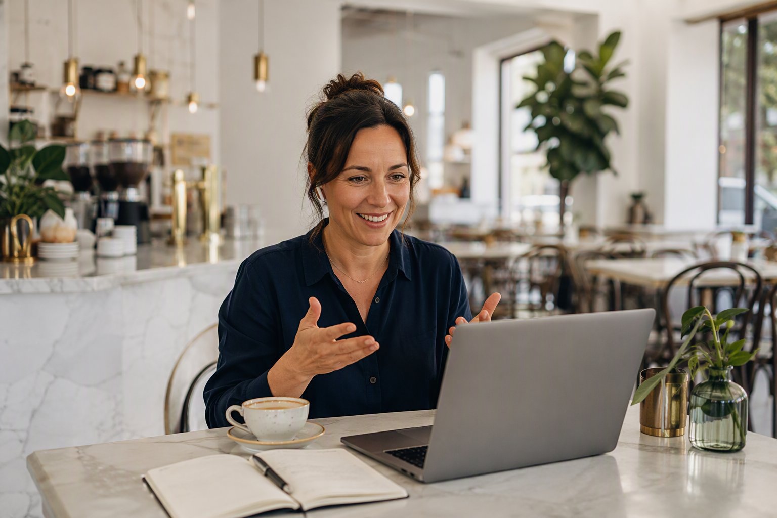 A cafe owner on a short video call