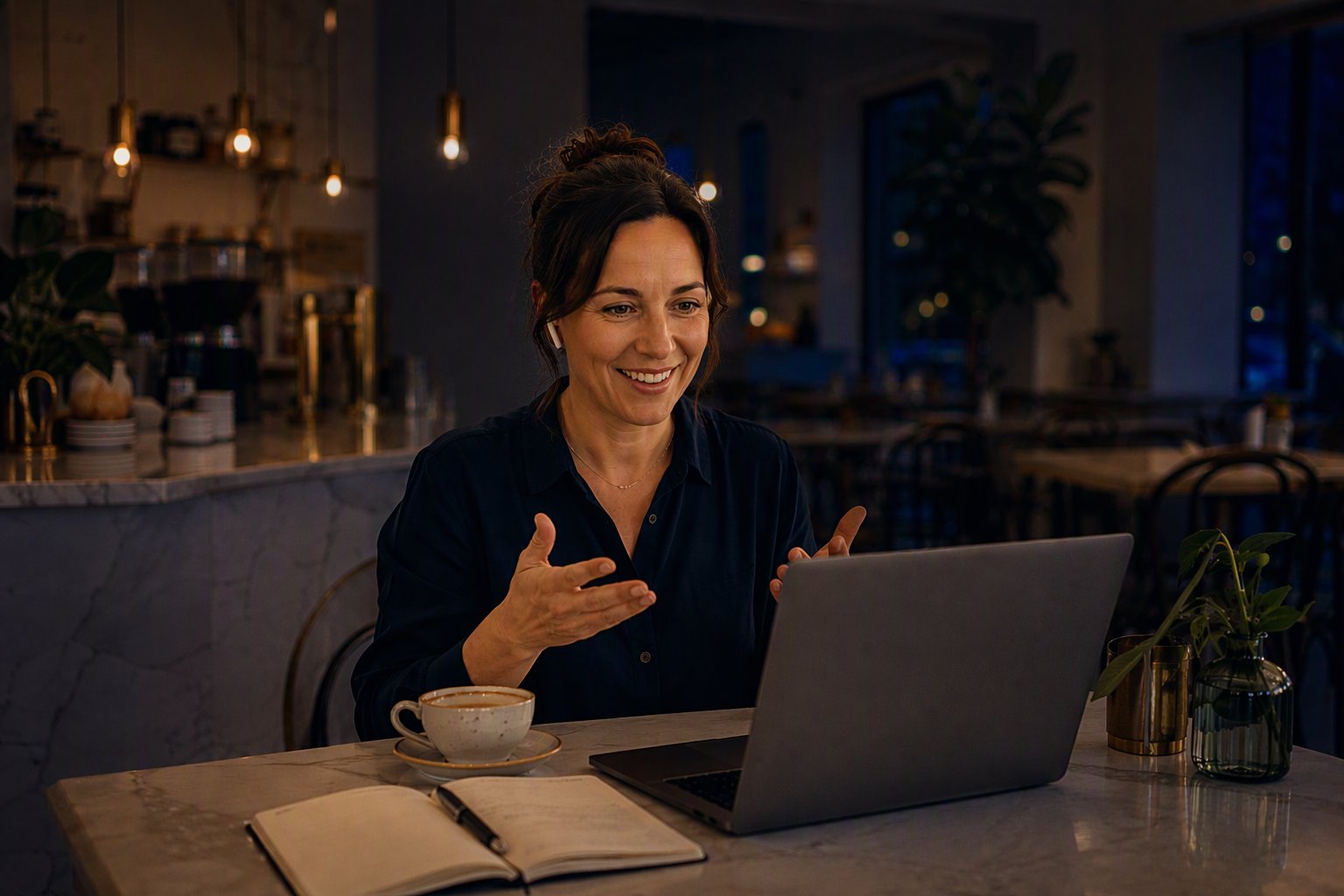 A cafe owner on a short video call