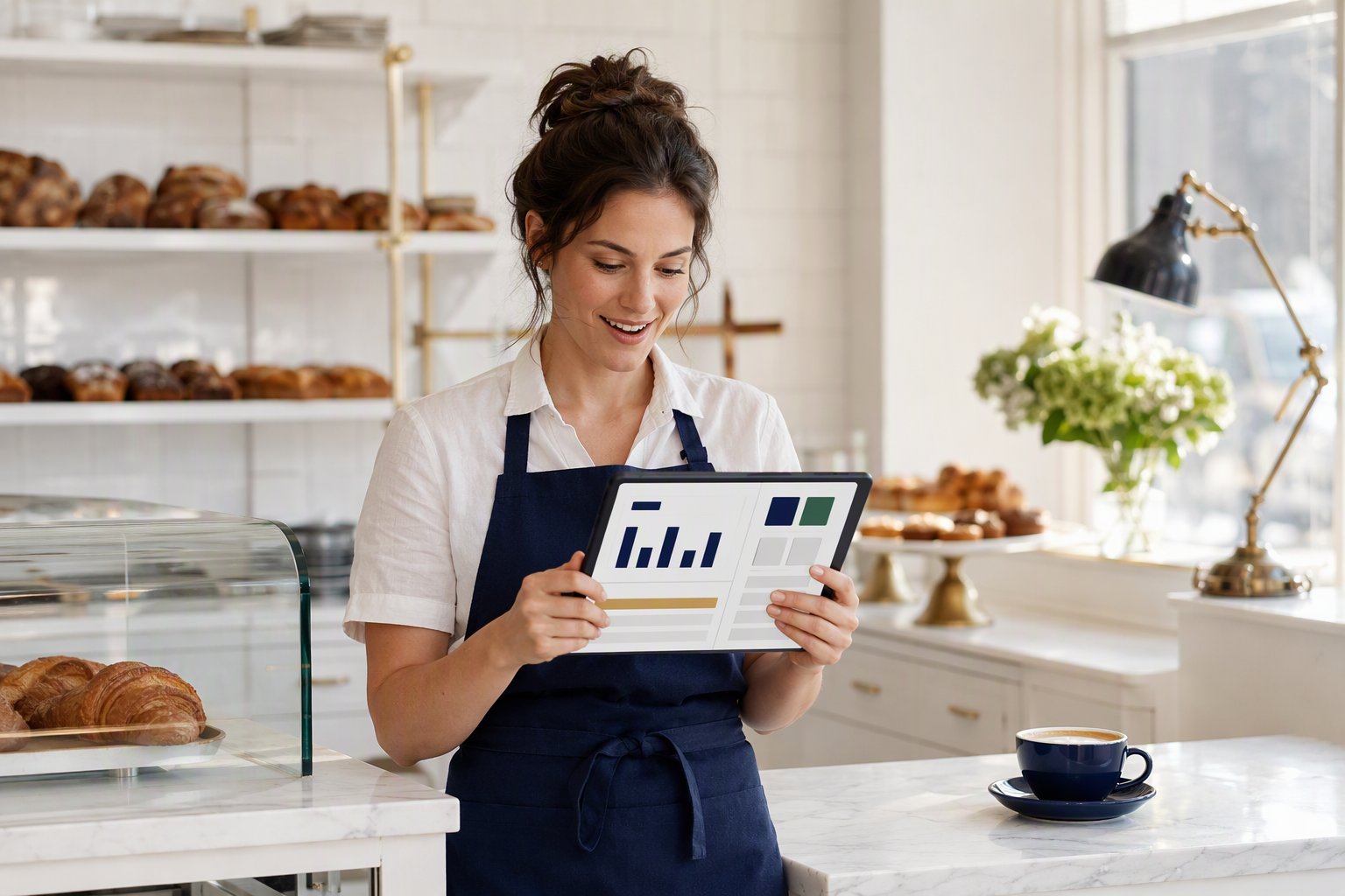 A bakery owner reading her free AI Automation Report on a tablet