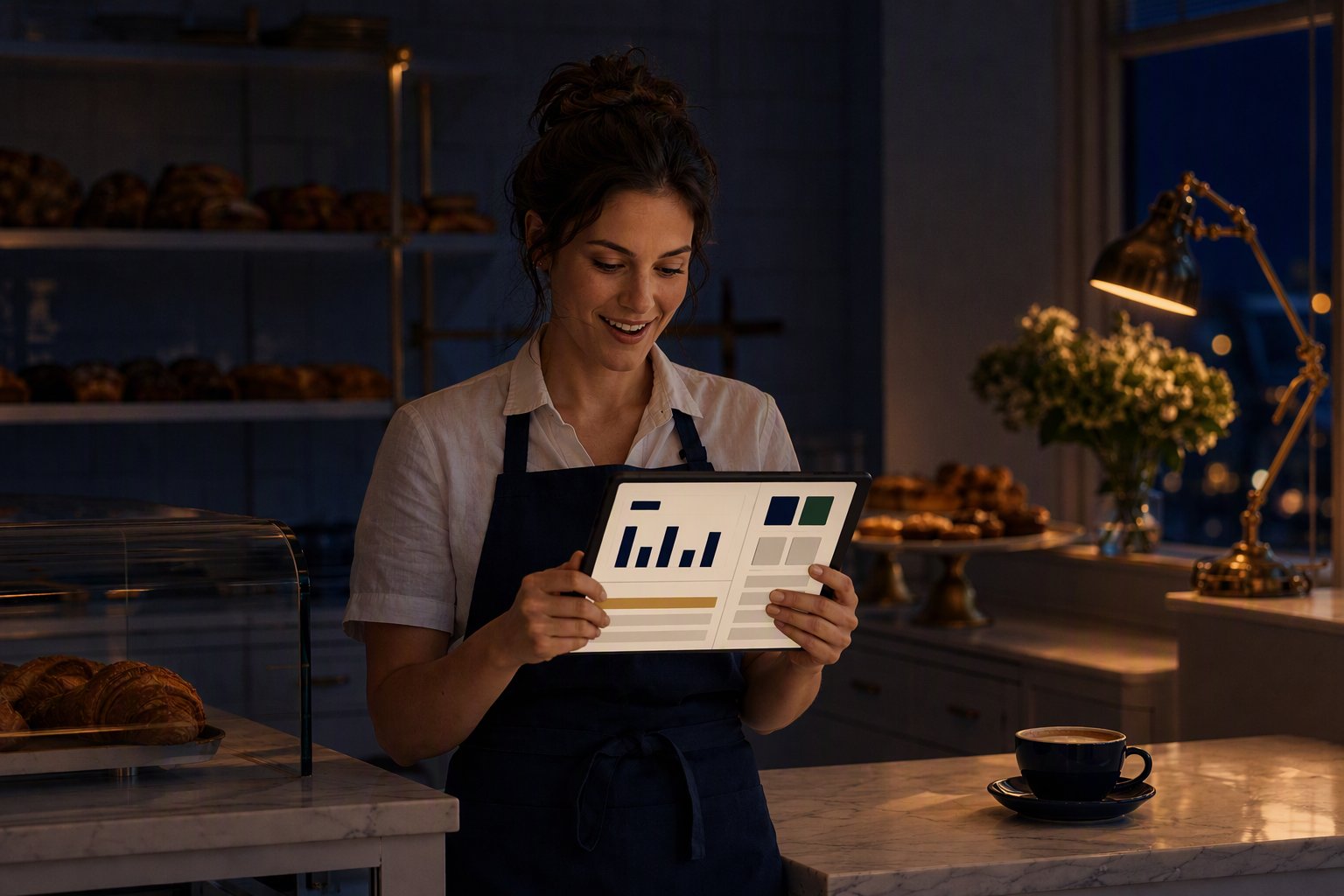 A bakery owner reading her free AI Automation Report on a tablet