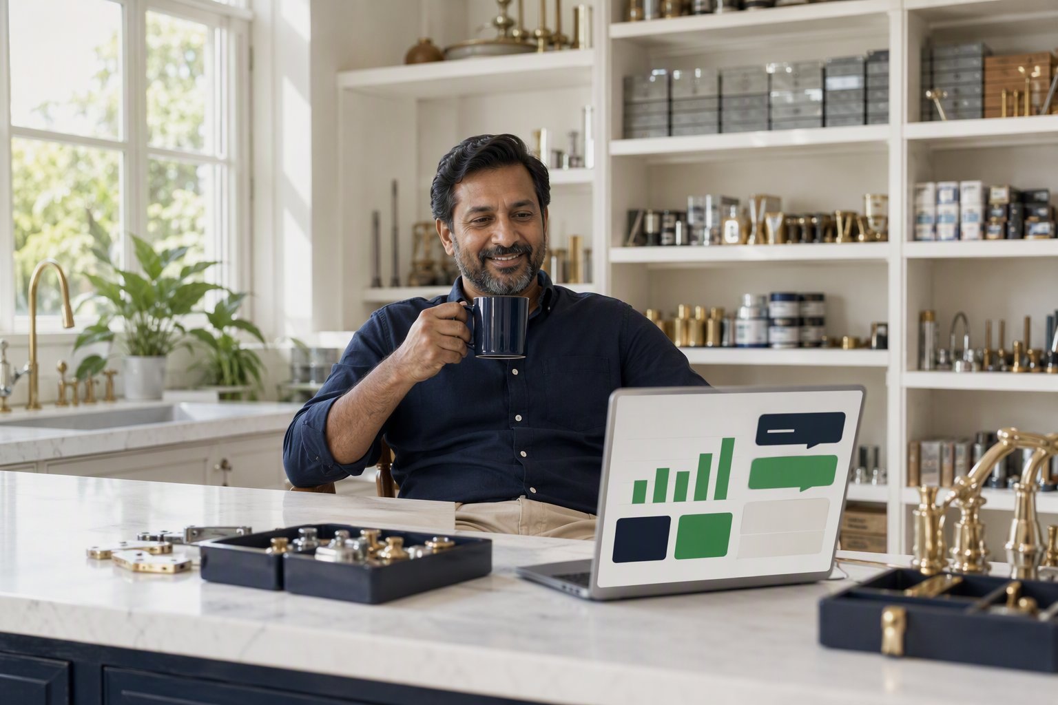 A shop owner with a coffee while a live dashboard runs on the counter