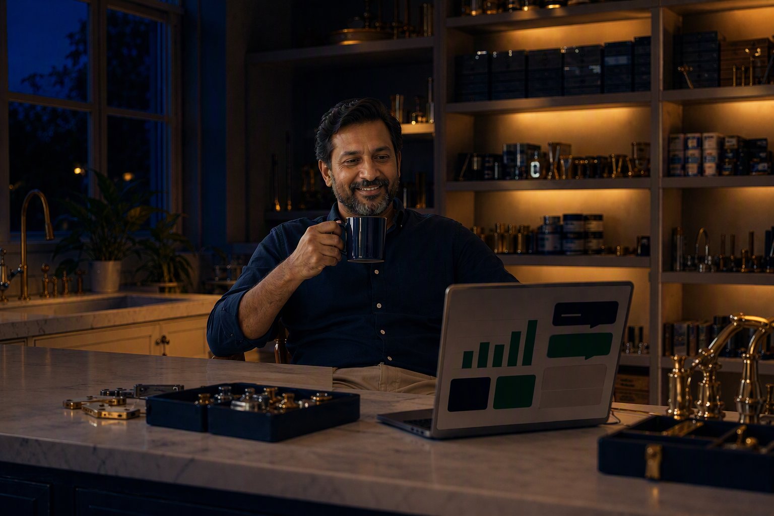 A shop owner with a coffee while a live dashboard runs on the counter