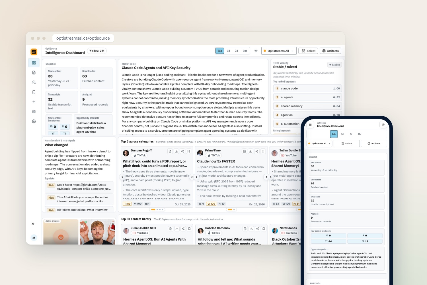 The OptiSource dashboard: the morning snapshot and market pulse