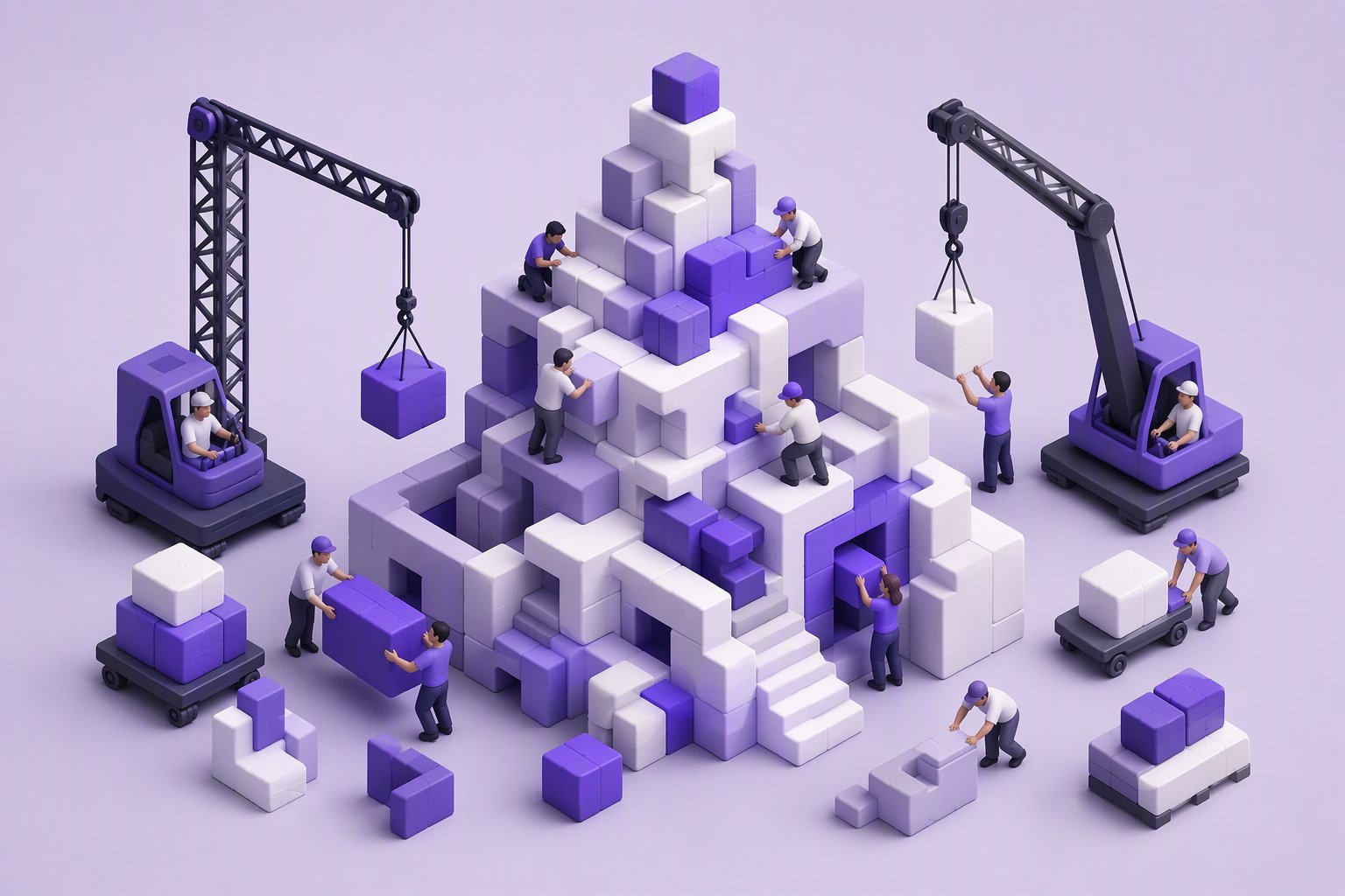Builders assembling a system from blocks