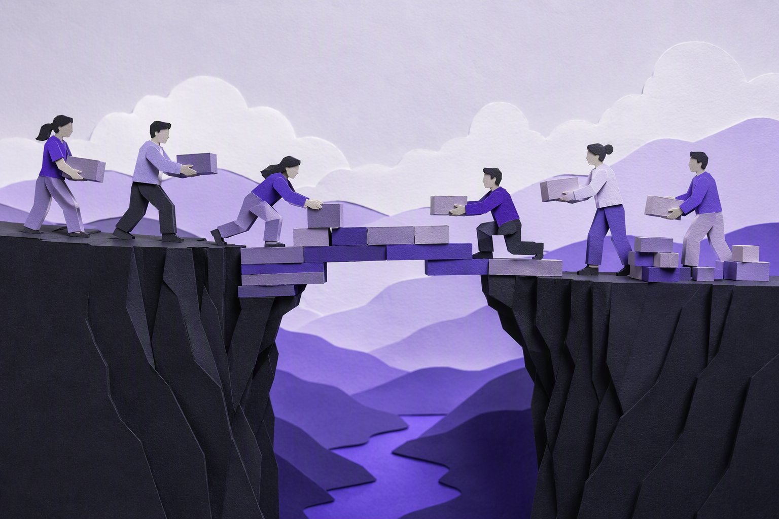 People passing blocks to each other across a bridge