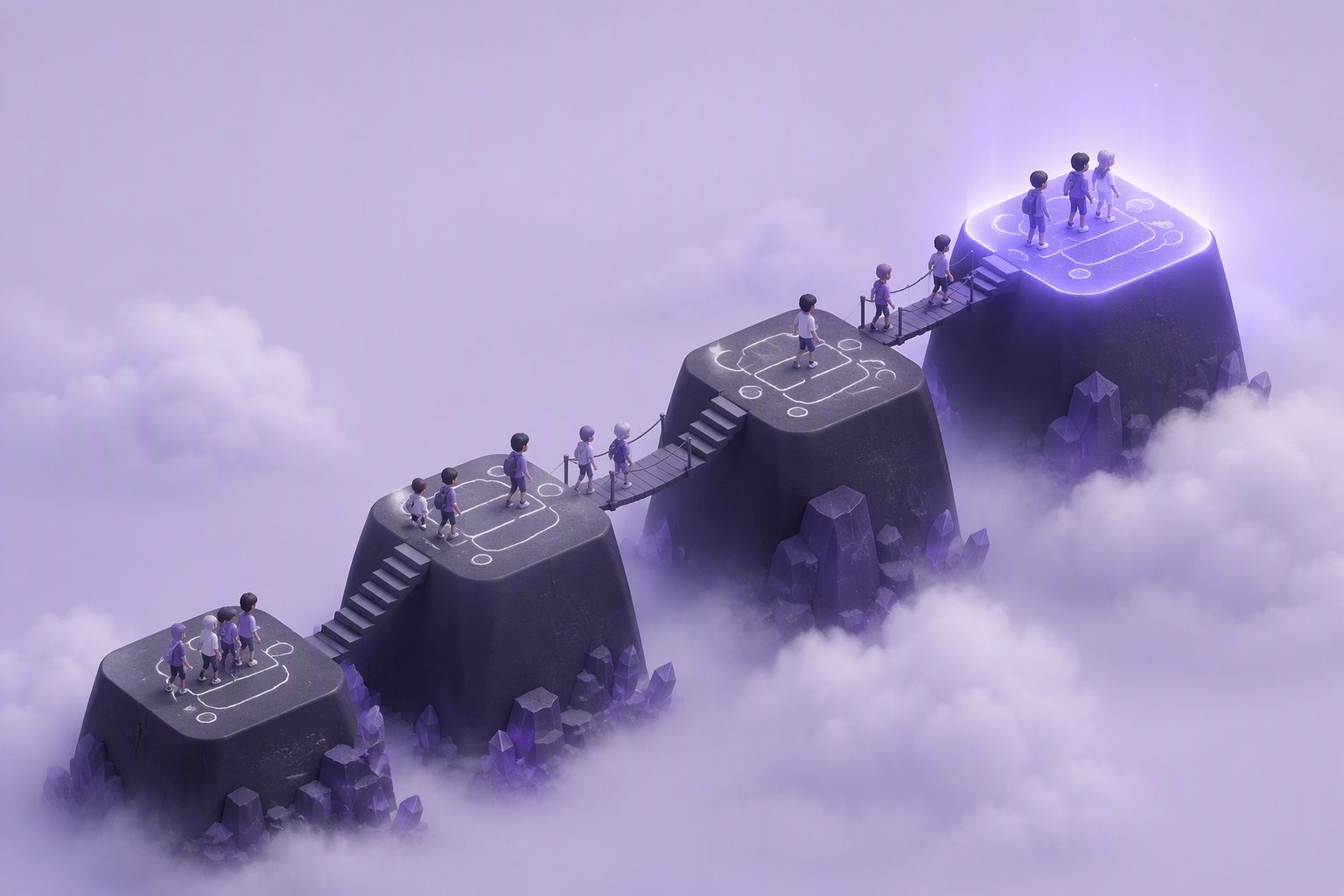 Builders climbing a path of levels