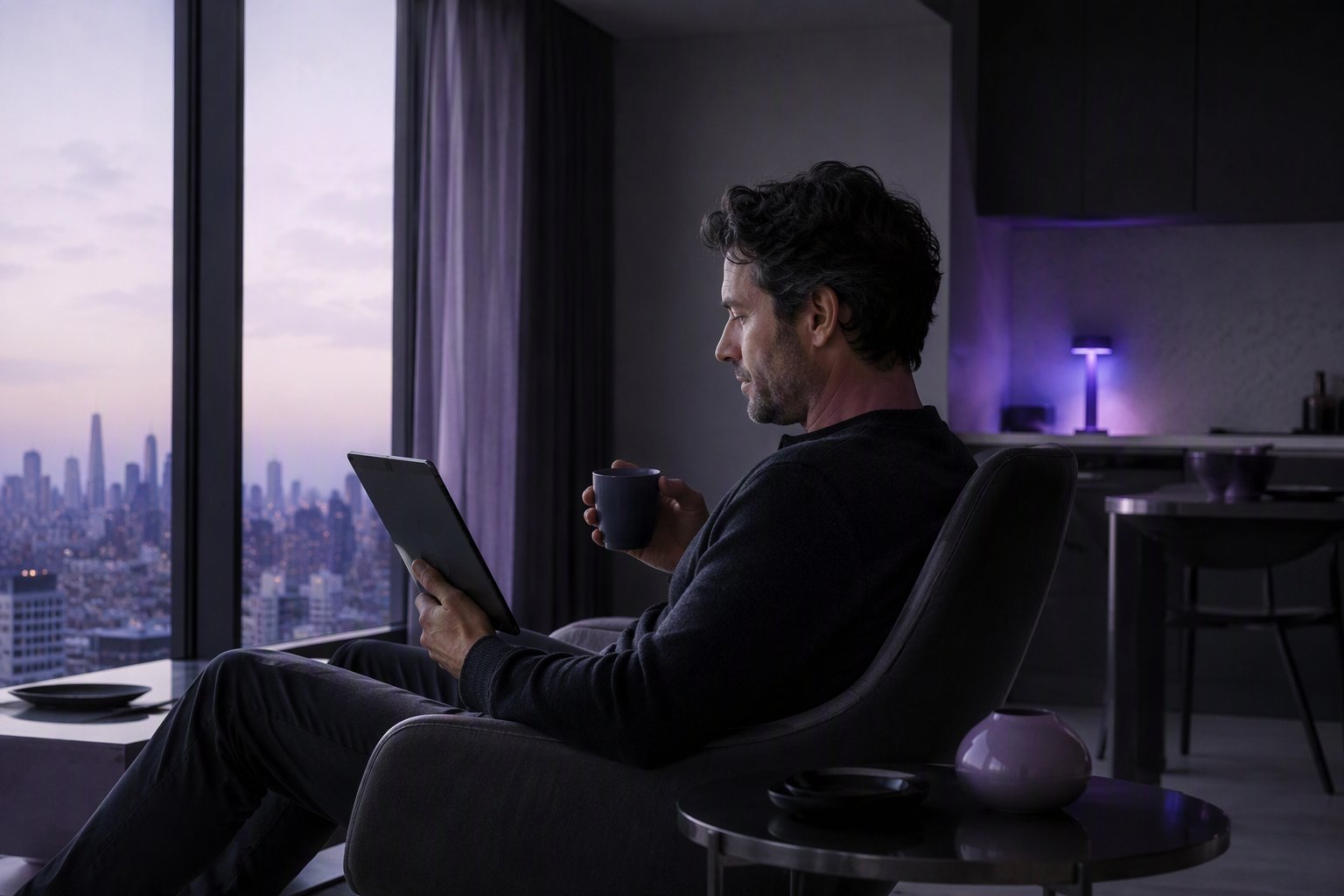 A reader with a tablet by a window at dusk